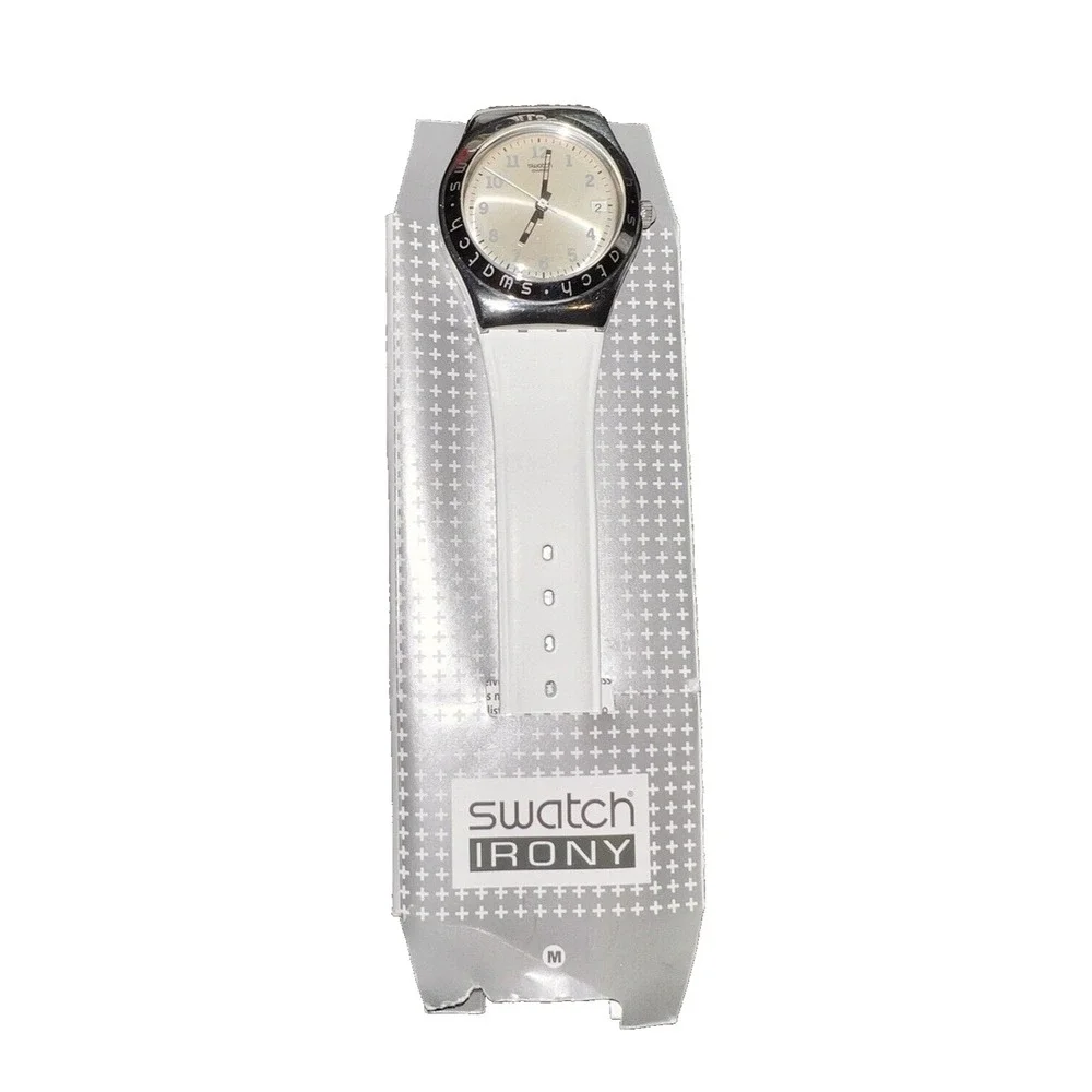 Swatch‎ Irony Stainless Steel Watch White Leather Strap Silver Dial Swiss Made